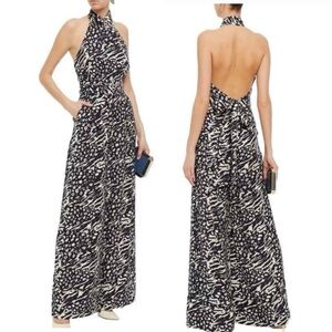 Rebecca Vallance Lola halter jumpsuit in navy print size 4